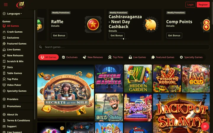 21 Grand's front page wears a near-black livery with red accents under a red spade logo. Its promotions row sets a gold piggy bank and a red star badge on dark cards, above a game search bar and a red All Games tab. Secrets of the Nile opens the game grid, while a left menu runs from Languages down to Live Support.