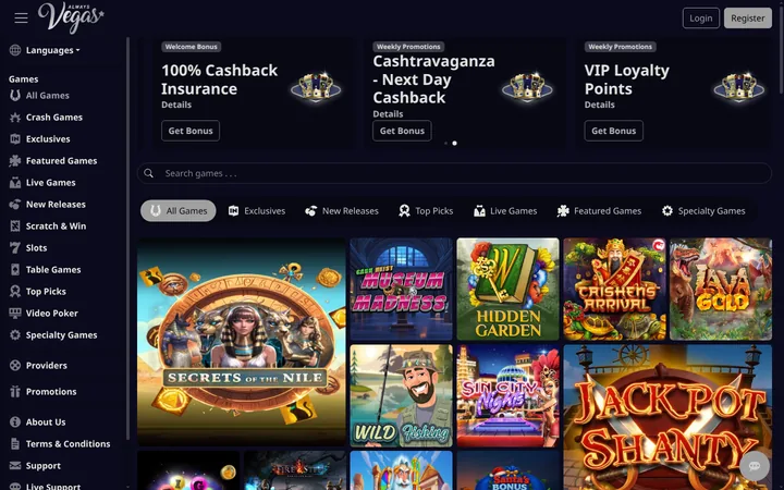Always Vegas wears a dark navy livery, with silver-grey controls and a white script logo topped by a star. Each card in its promotions row carries the same jewelled crown, and a grey pill marks All Games below the search bar. Game tiles fill the grid beside a left-hand menu that runs down to Support.