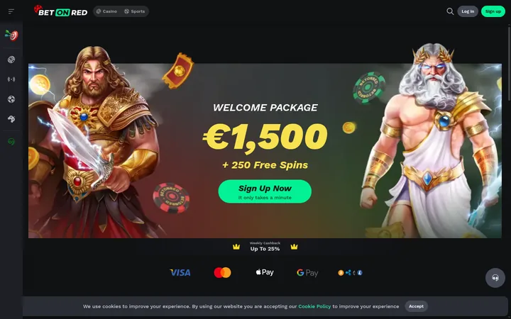 Its logo, with ON picked out in a green box, sits beside Casino and Sports tabs at the top of a dark page. Below, a welcome banner sets a gladiator against a white-bearded god, above a strip of payment logos and a cookie notice.