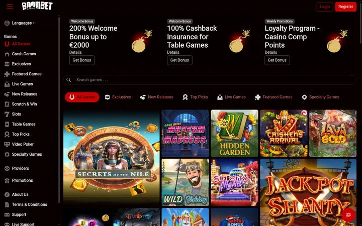 BoomBet's white wordmark on a black livery with red buttons, bomb-marked promotion cards, a Search games bar, category tabs and a grid led by Secrets of the Nile.