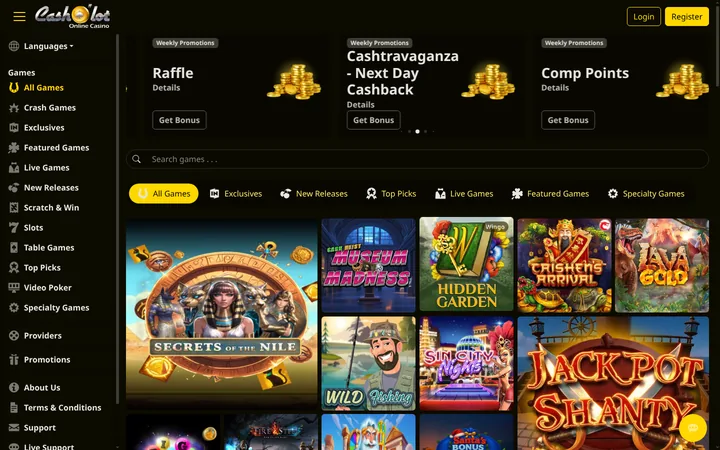 Cash o' Lot runs a black livery with yellow controls, under a script logo that uses a gold coin for its o. Dark promotion cards, each showing a heap of gold coins, sit above the game search and a yellow All Games pill. The grid opens on a large Secrets of the Nile tile, a Wingo label marks Hidden Garden, and a yellow chat button waits at bottom right.