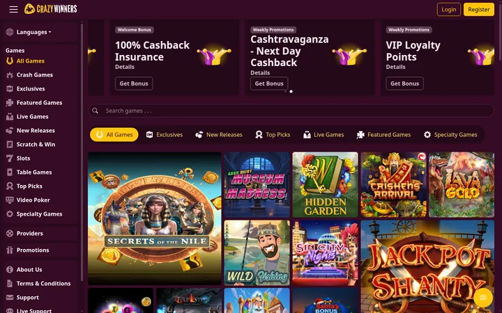 Crazy Winners wears a dark plum livery with yellow controls, and a yellow CRAZY WINNERS wordmark sits beside a yellow emblem at top left. A purple-and-gold jester's hat decorates every plum card in the promotions row. Below the search bar, a yellow pill marks All Games, and Jackpot Shanty is among the tiles in the grid.