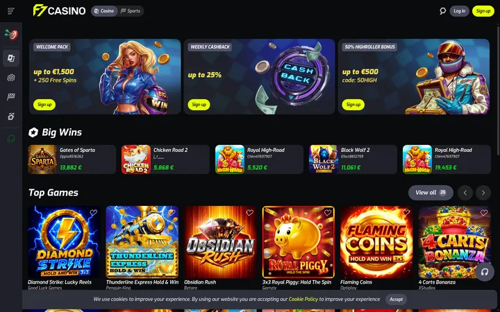 Its front page in a dark livery, with the lime-yellow F7 logo, Casino and Sports tabs, illustrated promotion banners, and a Top Games row beneath a Big Wins strip