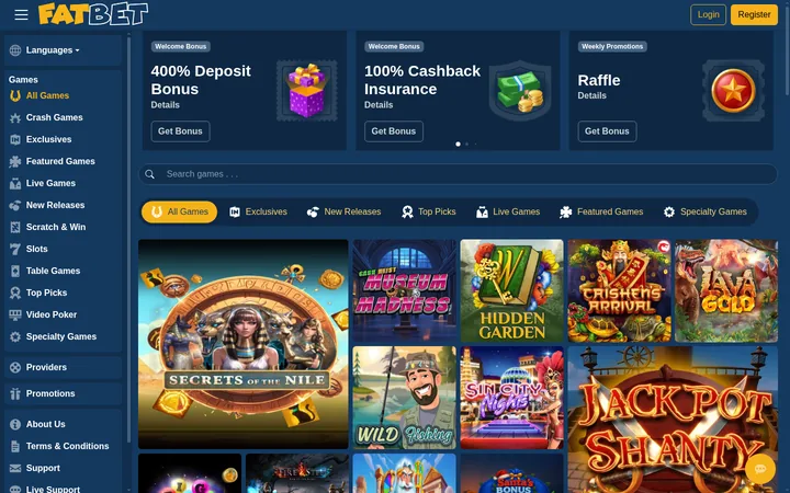 FatBet's front page in its navy and orange livery, with the chunky FATBET logo top left. Promotion cards line the top of the lobby, over the game search, an orange All Games tab and the tile grid. The Games menu runs down the left.