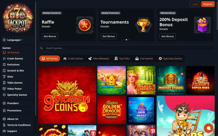 Jackpot Nexus's gold slot-machine logo heads a charcoal livery with orange buttons, Raffle and Tournaments cards, category tabs and a grid that includes Super Golden Dragon Inferno.