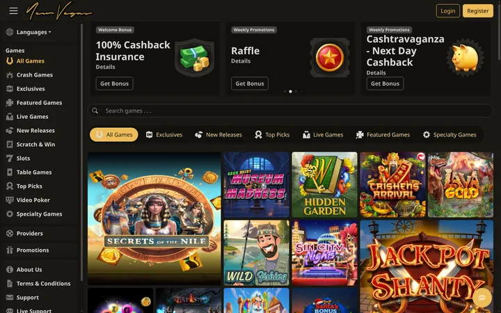 NewVegas's front page in a black-and-gold livery, with its handwritten logo top left and the game tabs above the grid