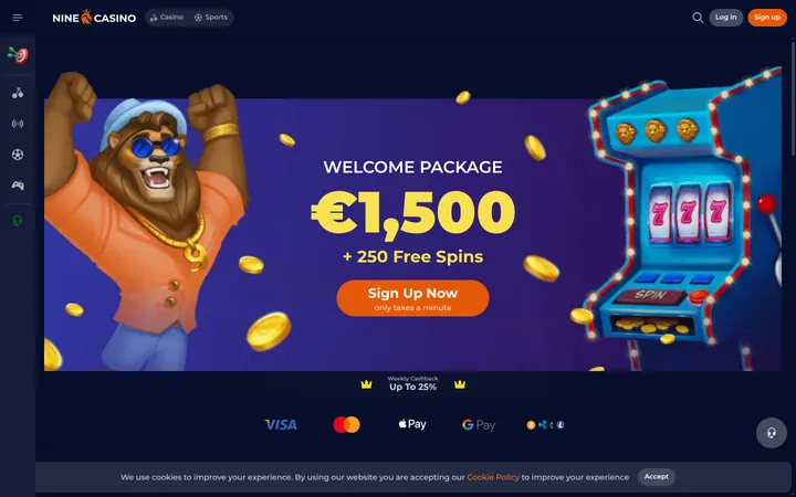 The front page shows its lion-head wordmark beside Casino and Sports tabs. A lion mascot in sunglasses fronts the main promotion banner, with card, wallet and crypto logos below it.