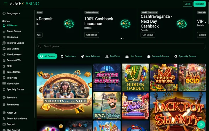 The front page of the lobby in Pure's green-on-black livery, with its wordmark top left. A promotions carousel runs above the game search, the category tabs and the game grid, with the Games menu down the left.