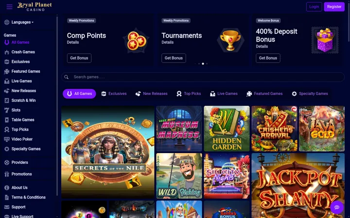 Royal Planet's gold wordmark on a navy livery with purple buttons and tabs, Comp Points and Tournaments cards, and a game grid opening on Secrets of the Nile.
