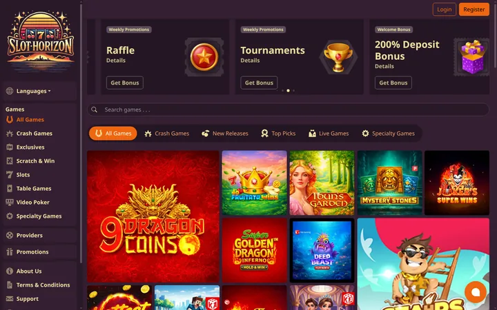 A sunset-and-skyline Slot Horizon logo tops the plum livery, with orange buttons over Raffle and Tournaments promotions, game tabs and tiles such as Mystery Stones.