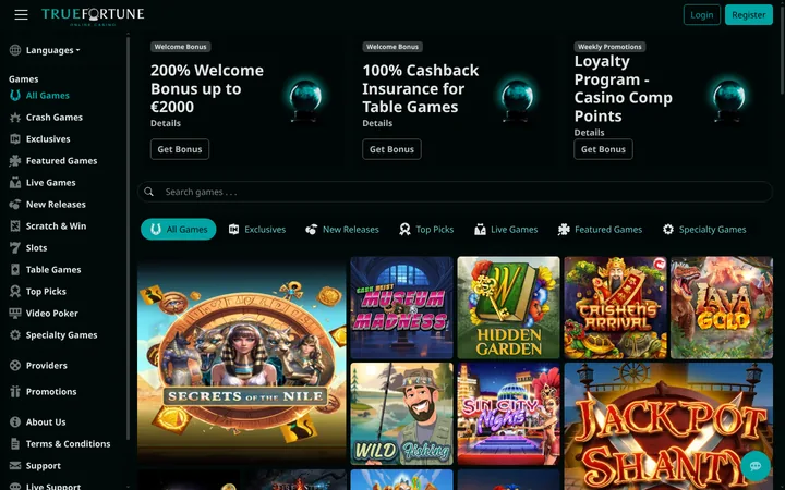 True Fortune's front page in its teal-on-black livery, with the wordmark top left. Promotion cards with crystal-ball artwork sit above the game search and category tabs. The Games menu on the left lists Slots, Table Games, Live Games, Video Poker, Crash Games and Scratch & Win.