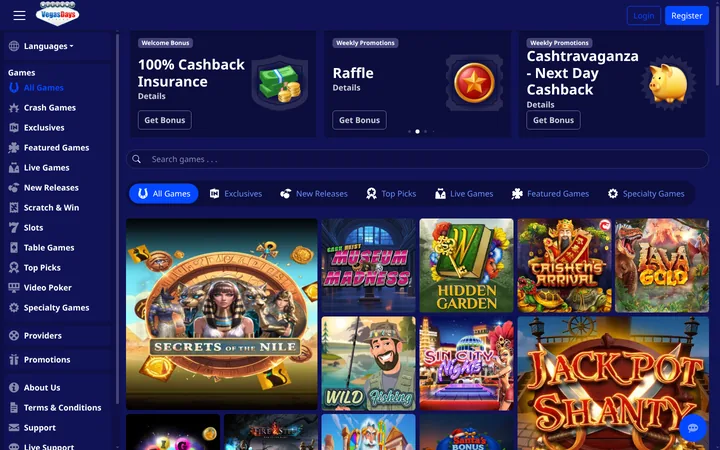 Vegas Days dresses its front page in a deep indigo livery, with a red-and-white logo shaped like a Las Vegas sign at top left. Banknotes on a shield, a red star badge and a gold piggy bank decorate its promotions row. Under the game search, a blue All Games pill leads the tabs, and the left rail lists the game categories.