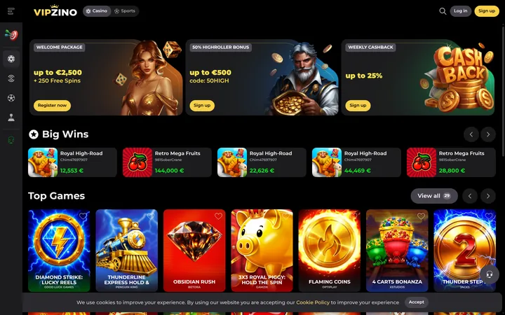 A crown sits on top of the VIPZINO wordmark, beside Casino and Sports tabs in the top bar. Promotion banners fill the row below, followed by a Big Wins strip, then a Top Games row.